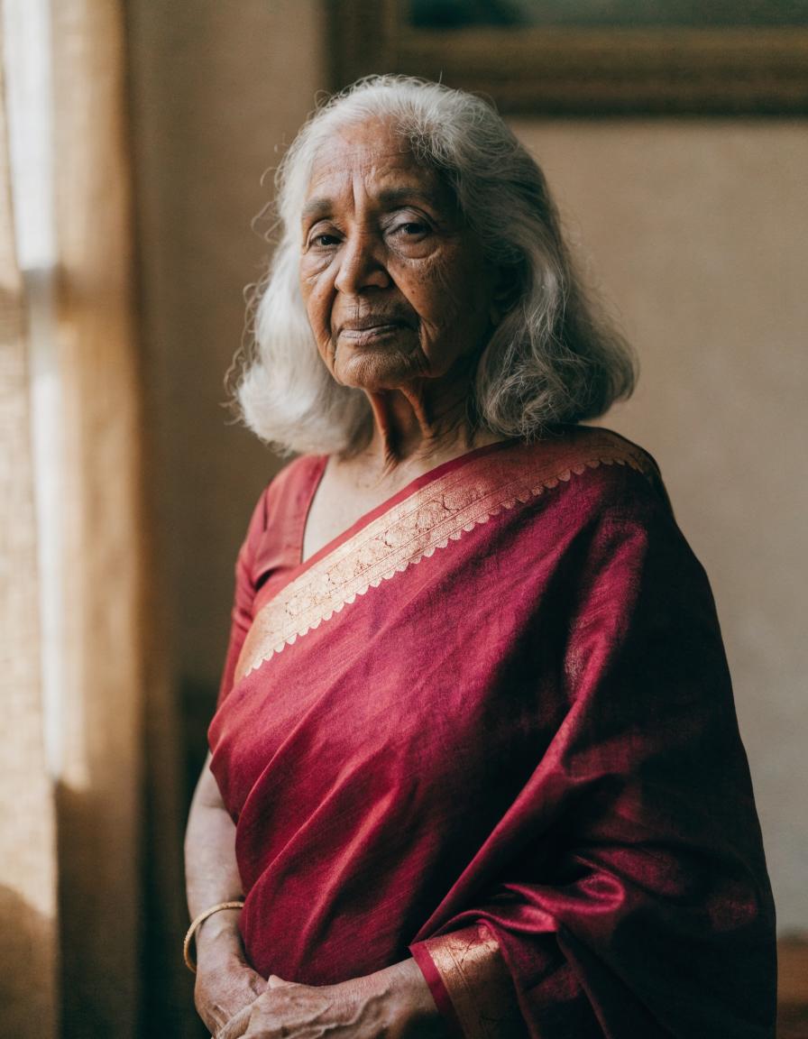Elder community member in a crimson silk sari